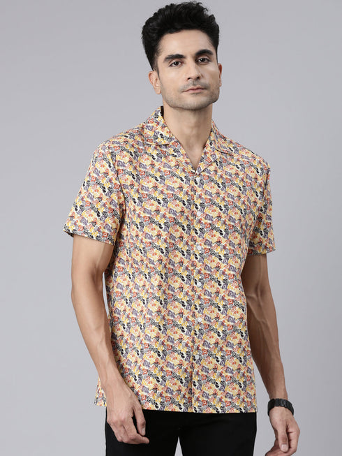 Beige Printed Short Sleeves Shirt