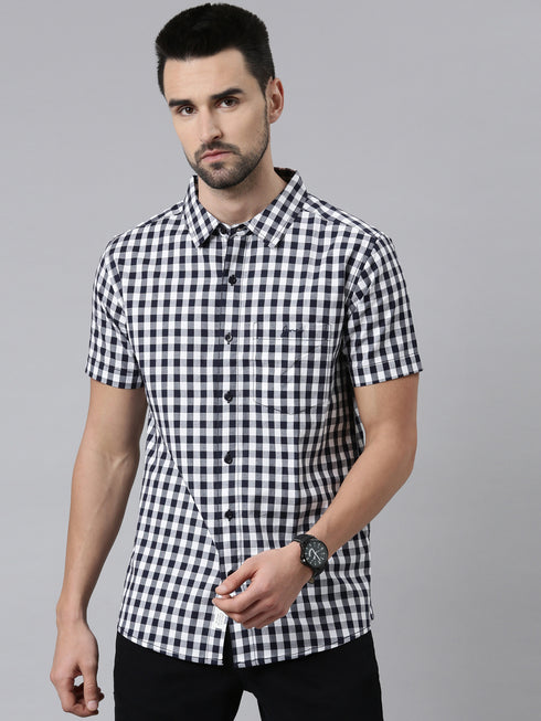 Navy Blue Checks Short Sleeves Shirt