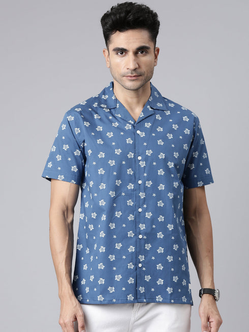 Blue Printed Short Sleeves Shirt