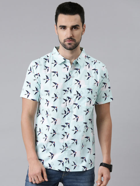 Joven Mens Slim Fit Printed Casual Shirt in Sky Blue Color