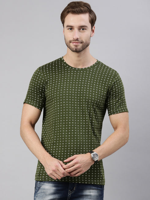 Olive Green Printed Crew Neck Tshirt