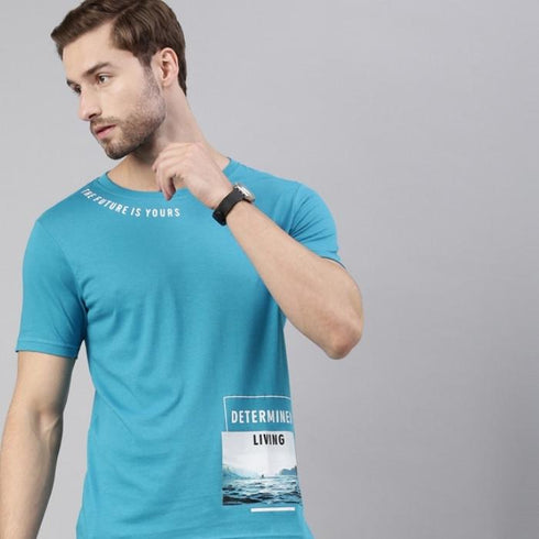 Blue Printed Crew Neck Tshirt
