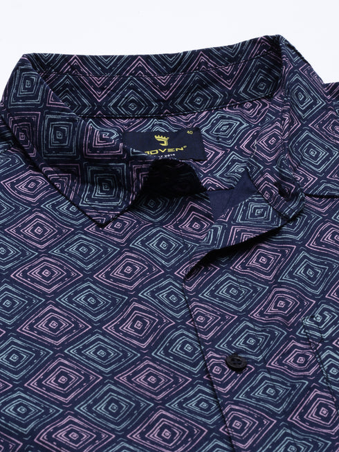 Joven Mens Slim Fit Printed Casual Shirt in Navy Blue