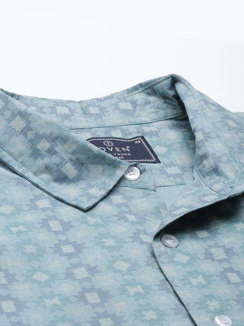 Blue Printed Short Sleeves Shirt