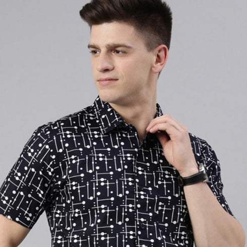 Navy Blue Printed Short Sleeves Shirt