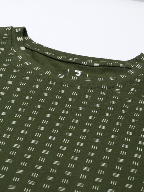 Olive Green Printed Crew Neck Tshirt