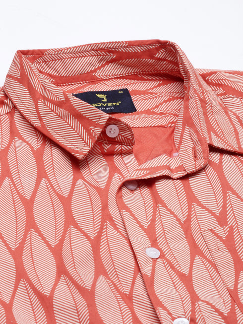 Joven Mens Slim Fit Printed Casual Shirt in Rust Orange