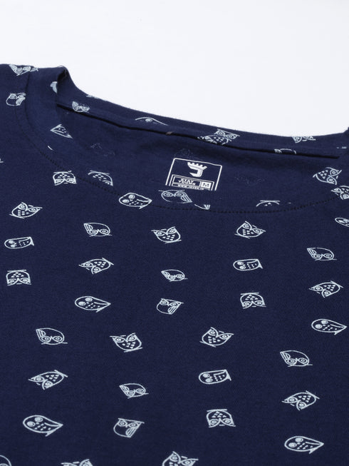 Navy Blue Printed Crew Neck Tshirt