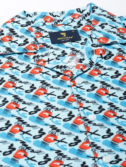Blue Printed Short Sleeves Shirt