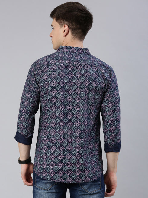 Navy Blue Printed Full Sleeves Shirt