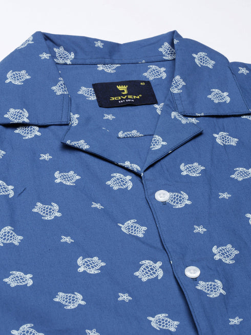 Blue Printed Short Sleeves Shirt