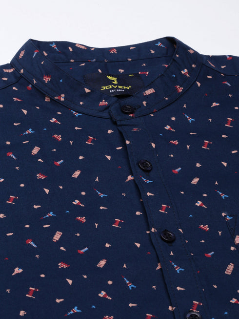 Navy Blue Printed Short Sleeves Shirt