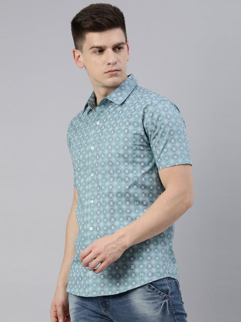 Blue Printed Short Sleeves Shirt