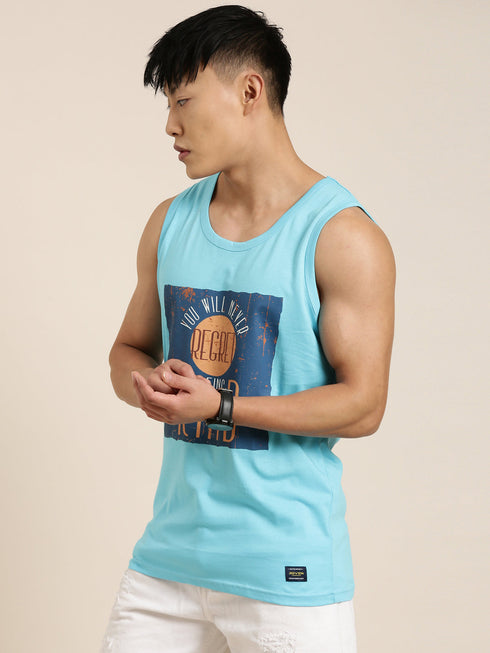 Sky Blue Printed Crew Neck Tank Top