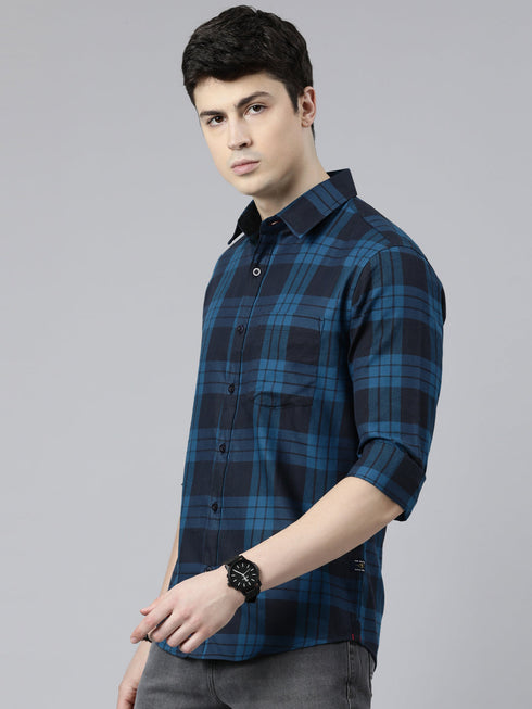 Navy Blue Checks Full Sleeves Shirt