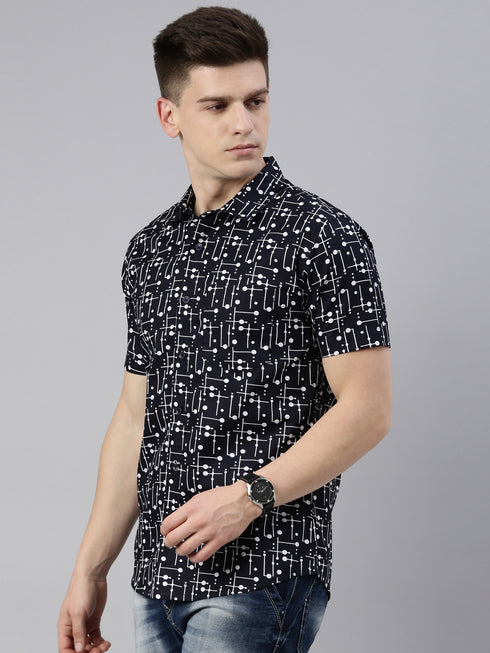 Navy Blue Printed Short Sleeves Shirt