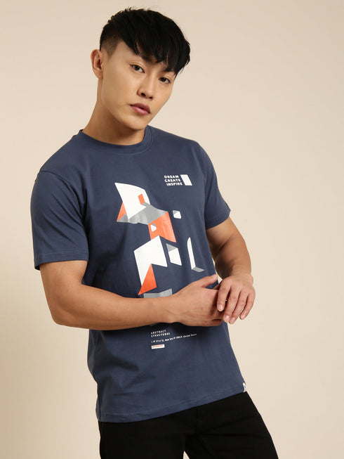 Navy Blue Printed Crew Neck Tshirt