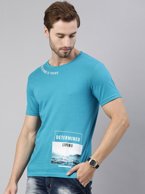 Blue Printed Crew Neck Tshirt