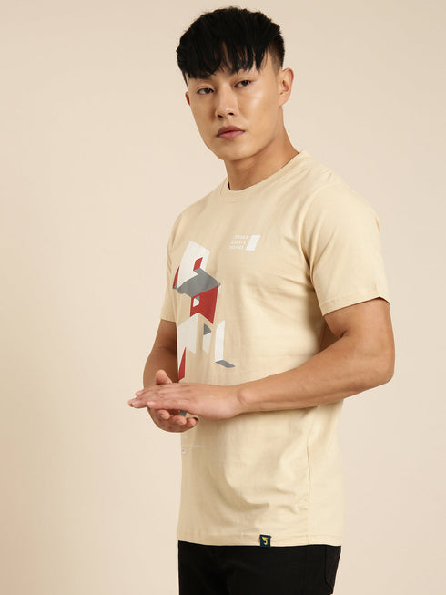 Beige Printed Crew Neck T-shirt