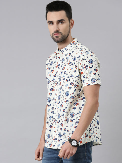Joven Mens Slim Fit Printed Casual Shirt in Ivory Color