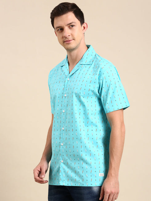 Sea Green Printed Short Sleeves Shirt