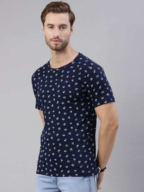 Navy Blue Printed Crew Neck Tshirt