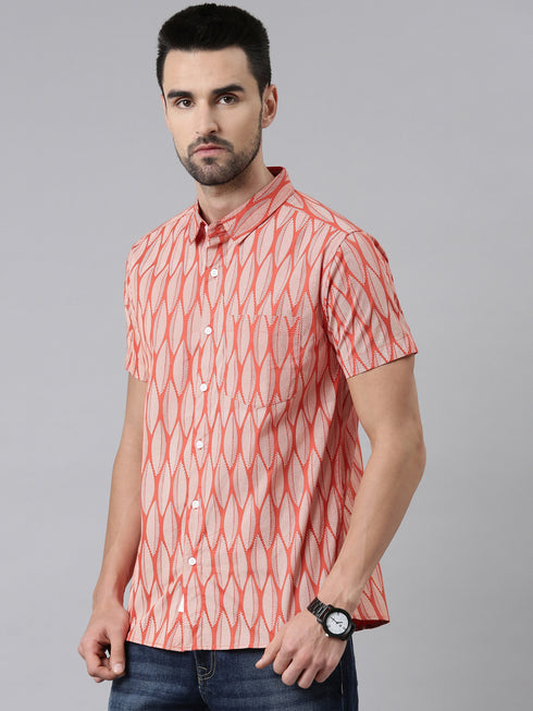 Joven Mens Slim Fit Printed Casual Shirt in Rust Orange