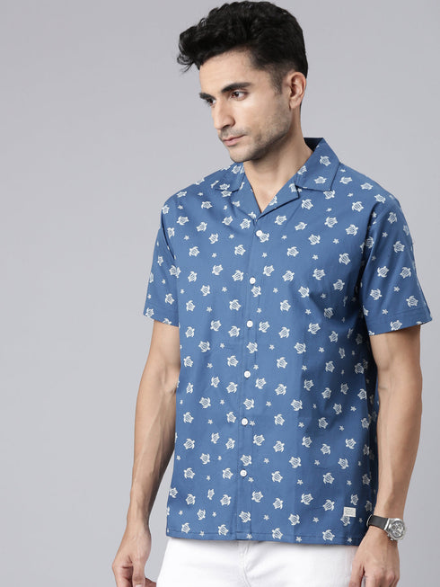 Blue Printed Short Sleeves Shirt