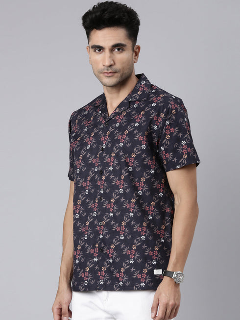 Navy Blue Printed Short Sleeves Shirt
