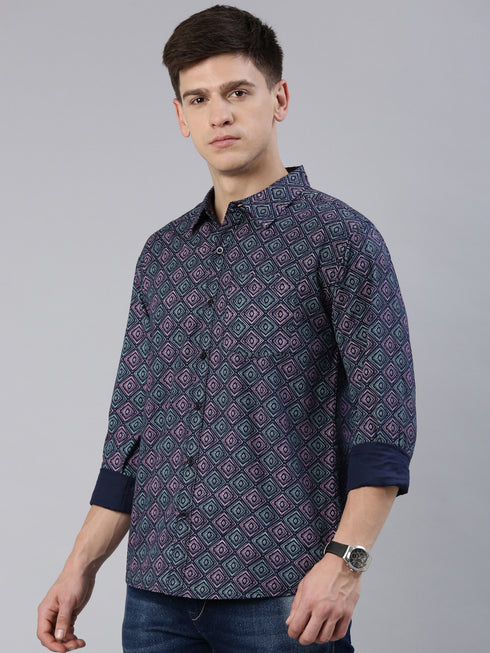 Navy Blue Printed Full Sleeves Shirt