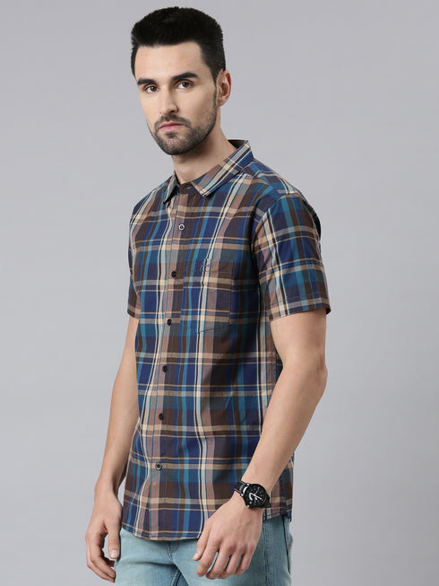Olive Green Checks Short Sleeves Shirt