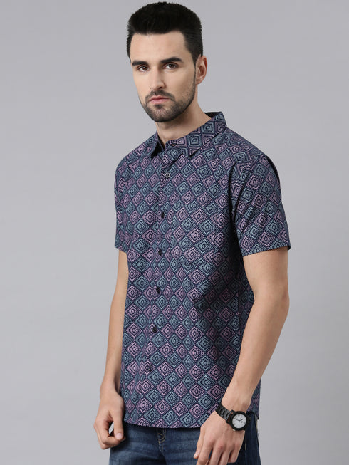Joven Mens Slim Fit Printed Casual Shirt in Navy Blue