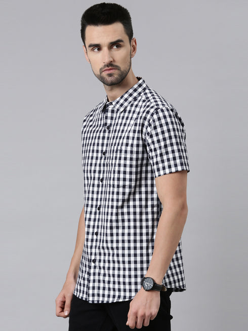Navy Blue Checks Short Sleeves Shirt