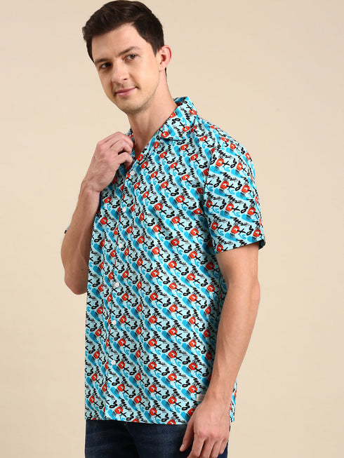 Blue Printed Short Sleeves Shirt