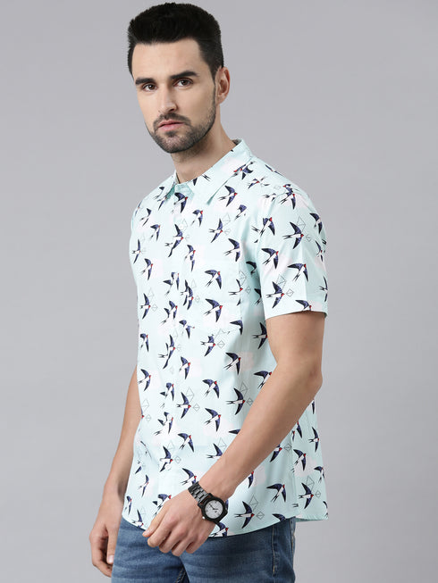 Joven Mens Slim Fit Printed Casual Shirt in Sky Blue Color