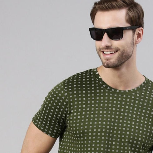Olive Green Printed Crew Neck Tshirt