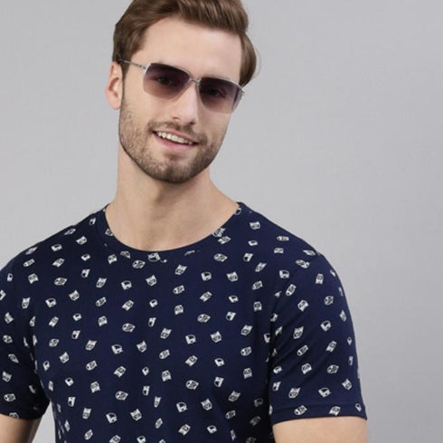 Navy Blue Printed Crew Neck Tshirt