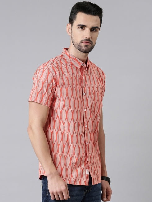 Joven Mens Slim Fit Printed Casual Shirt in Rust Orange