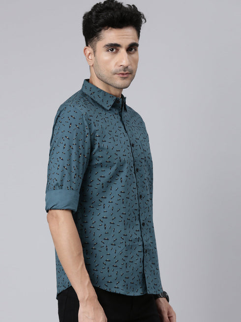 Grey Printed Pure Cotton Full Sleeve Casual Shirt