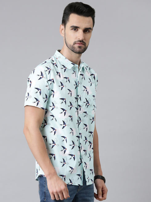 Joven Mens Slim Fit Printed Casual Shirt in Sky Blue Color