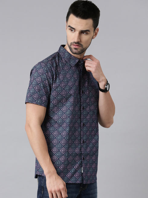 Joven Mens Slim Fit Printed Casual Shirt in Navy Blue