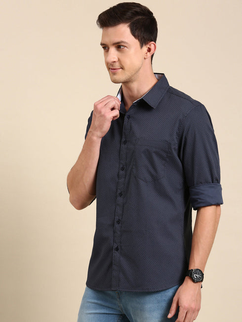 Navy Blue Printed Full Sleeves Shirt