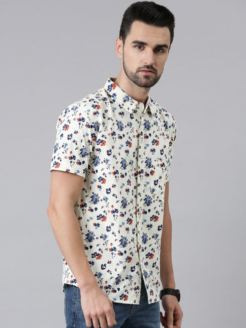 Joven Mens Slim Fit Printed Casual Shirt in Ivory Color