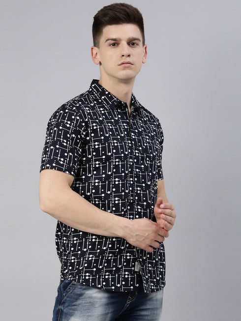 Navy Blue Printed Short Sleeves Shirt