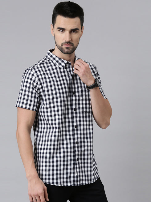 Navy Blue Checks Short Sleeves Shirt