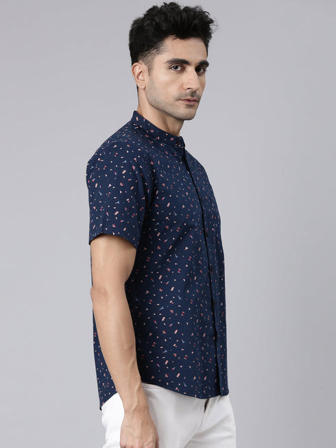 Navy Blue Printed Short Sleeves Shirt