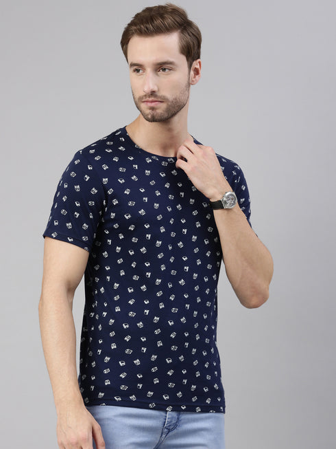 Navy Blue Printed Crew Neck Tshirt
