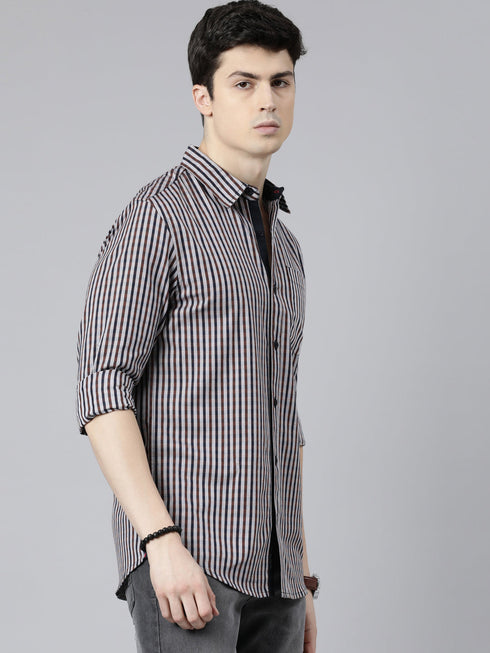 Grey Striped Full Sleeves Shirt