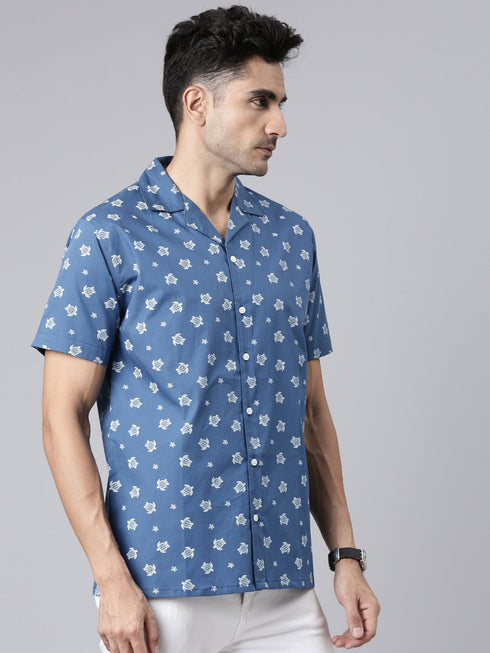 Blue Printed Short Sleeves Shirt