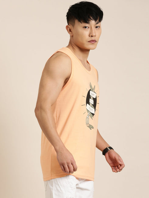 Orange Printed Crew Neck Tank Top